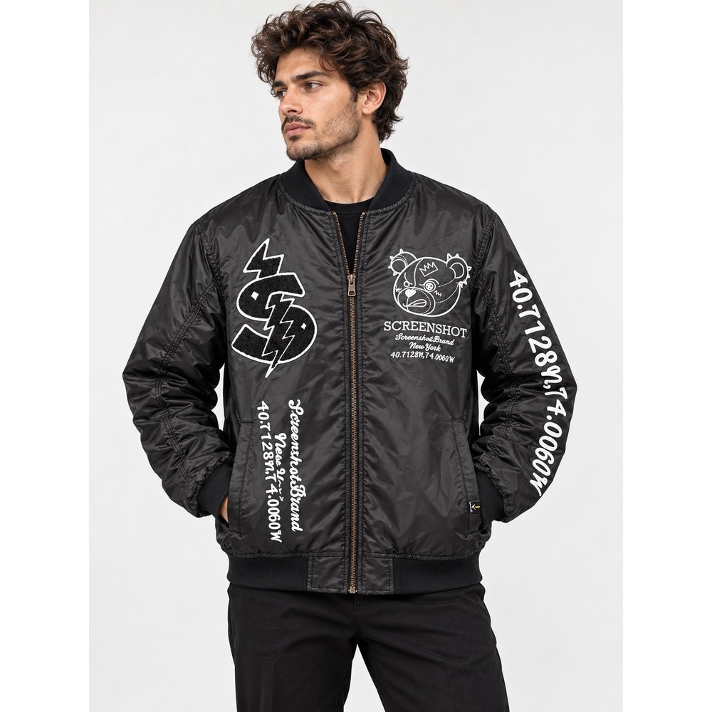Screenshot Brand Teddy Bear Bomber Jacket Men's M Black Embroidered Streetwear